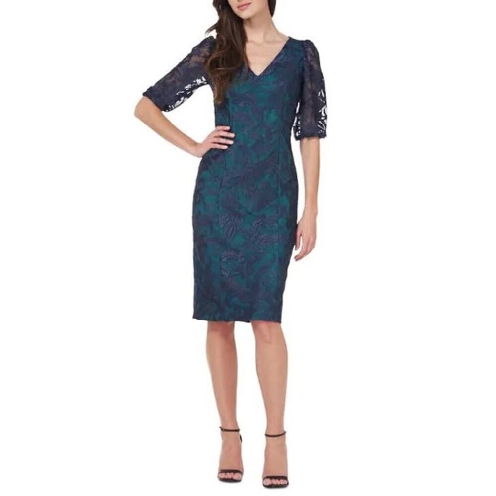 Js Collections Celeste Knee Length Dress Women's 4 Blue Green Embroidered NWT